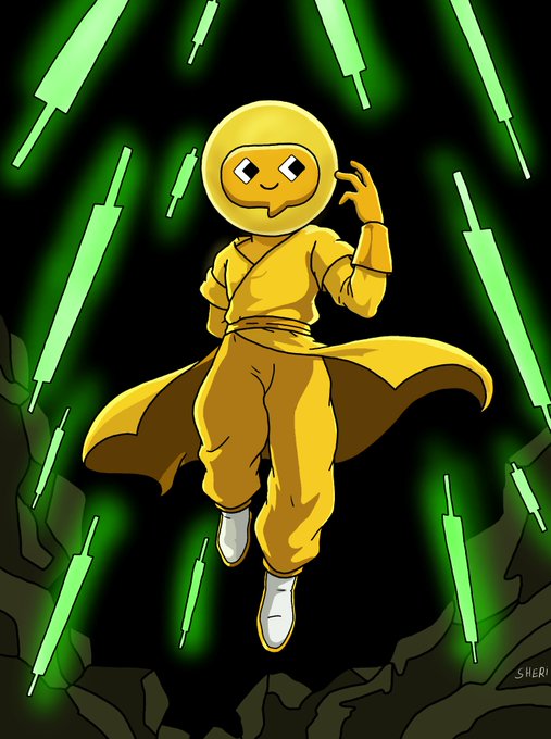 A figure in a yellow hazmat-style suit and grinning emoji mask floats confidently amid glowing green candlestick chart bars falling like meteors, with the signature "SHERI" in the corner—visually embodying the post's theme of market discipline and immersion in crypto trading.