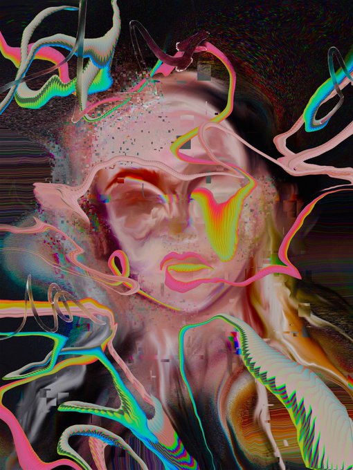 The image features a digital artwork of a face with pink lips, green eyes, and a black background that appears to be a mix of neon colors. The art style seems to be abstract or surrealistic, giving the impression of a distorted or dreamlike representation of a person's face. The post where this artwork is displayed has been tagged with the hashtag #HuesOf HealingWithin, which suggests that the artist might have created this piece as a tribute to the concept of healing and positivity.