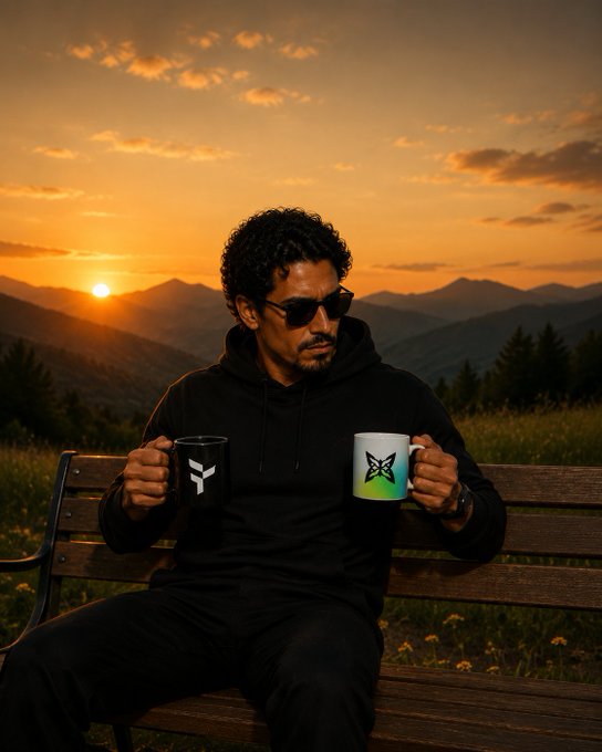 A man wearing sunglasses and a black hoodie sits on a bench at sunset holding two mugs, with mountains visible in the background.