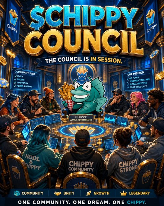 A vibrant promotional poster titled '$CHIPPY COUNCIL - THE COUNCIL IS IN SESSION' featuring a cartoon fish mascot and a diverse group of community members gathered around a table, with slogans like 'ONE COMMUNITY. ONE DREAM. ONE CHIPPY.'