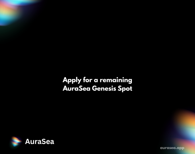 A minimalist promotional graphic with a black background and subtle iridescent accents features the central white text "Apply for a remaining AuraSea Genesis Spot," reinforcing the call-to-action for limited $AURASEA Genesis NFT claims. The "AuraSea" branding appears in the bottom left while "aurasea.app" is displayed in the bottom right, directing viewers to the claim site.
