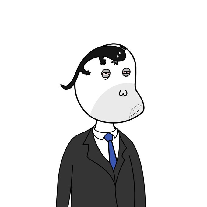 A cartoon drawing of a figure in a black suit and blue tie with an exaggerated, elongated face featuring half-lidded eyes and dark hair.
