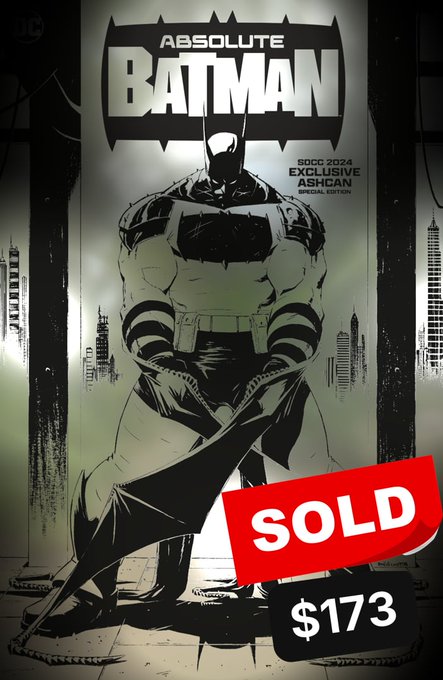 A comic book cover for "Absolute Batman SDCC 2024 Exclusive Ashcan Special Edition" is marked with a red "SOLD" label and a price of "$173".