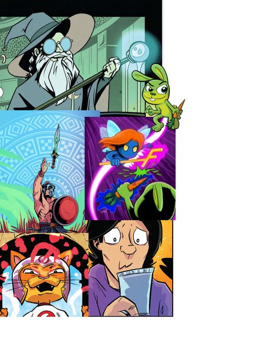 A collage of six different cartoon panels featuring various characters, including a wizard, a green bunny with a carrot sword, and other animated figures in different scenes.