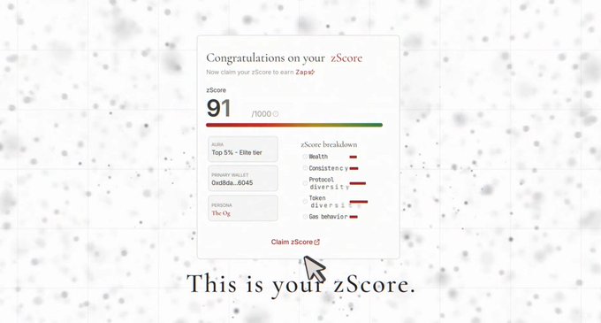 A screenshot displaying a zScore result of 91/1000, labeled 'Top 5% - Elite tier' with the wallet '0xd8a...0045' and a persona '11k-13k', alongside a breakdown of traits like Wealth, Consistency, and Protocol diversity.