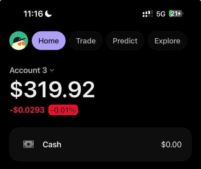 The image shows a mobile screenshot of what appears to be a betting or trading app with an "Account 3" balance of $319.92, displaying tabs for Home, Trade, Predict, and Explore, along with a $0.00 Cash section. This likely serves as proof of winnings or earnings from the Ynt.bet platform being promoted in the $100 giveaway post.