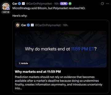 The image shows a Twitter post with two separate tweets about microstrategy sold Bitcoin, but Polymarket resolved NO. The first tweet is from Car, while the second one is from a user named @CarOnPolymarket. They are discussing why markets end at 11:59 PM and how it relates to the post.