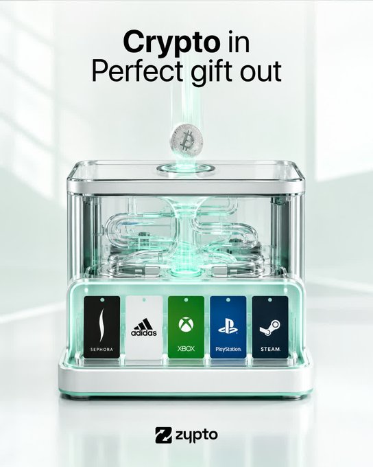 The image shows a sleek, futuristic machine dispensing gift cards for major brands including Sephora, Adidas, Xbox, PlayStation, and Steam, with a Bitcoin coin being inserted at the top. The headline reads "Crypto in Perfect gift out," and the machine is branded with the "zypto" logo at the bottom, illustrating how the service transforms cryptocurrency into popular retail gift cards.