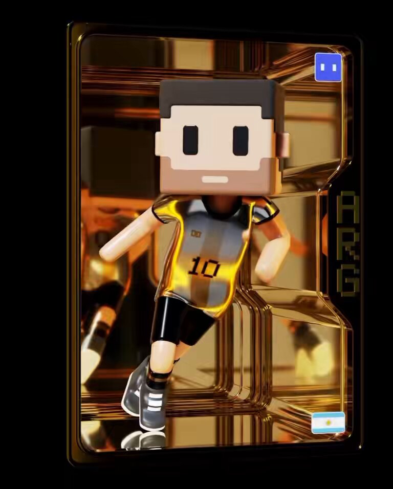 The image features a 3D rendering of a soccer player wearing a yellow jersey with the number 10, running across a field. The player's reflection can be seen in a mirror or glass surface, adding depth to the scene. The background appears to be black, which contrasts with the golden color of the player and the surrounding environment. The post includes text that reads "Somehow, I lucked out and minted TWO golden @MeebitsNFTs Messi and Kane".