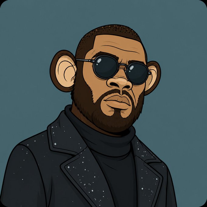 A cartoon-style illustration of a bearded monkey wearing round sunglasses, a black turtleneck, and a black jacket speckled with white dots, set against a teal background.