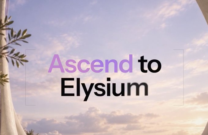 The image displays the text "Ascend to Elysium" against a serene sky background with soft clouds and tree branches, evoking a heavenly or elevated theme. This aligns with the post's mention of "Elysiumda bile NFT-lerden wl aldık," suggesting a pursuit of high-quality NFT acquisitions even within an idyllic, paradise-like realm.