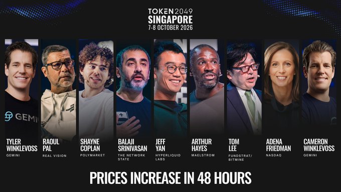 A promotional banner for the TOKEN2049 Singapore conference (7–8 October 2026) featuring headshots of nine speakers: Tyler Winklevoss (Gemini), Raoul Pal (Real Vision), Shayne Coplan (Polymarket), Balaji Srinivasan (The Network State), Jeff Yan (Hyperliquid Labs), Arthur Hayes (Maelstrom), Tom Lee (Fundstrat/Bitmine), Adena Friedman (Nasdaq), and Cameron Winklevoss (Gemini), with the message "PRICES INCREASE IN 48 HOURS" at the bottom.