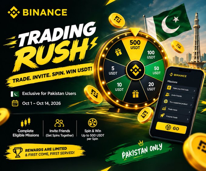 A Binance promotional banner advertises a "TRADING RUSH" event "Exclusive for Pakistan Users" running Oct 1 – Oct 14, 2026, featuring a spin wheel with USDT prizes.