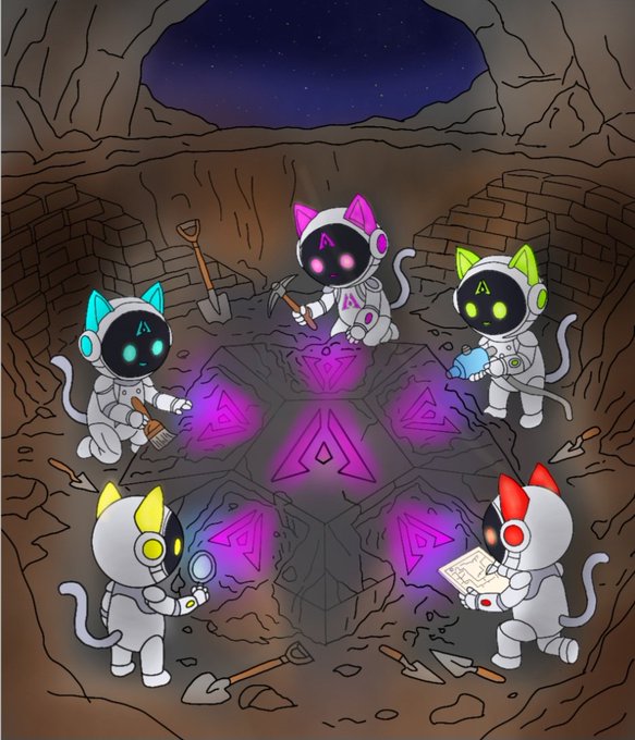 A colorful digital illustration features five robotic, cat-like characters with glowing eyes and ear accents exploring a cave with a glowing purple geometric symbol on the floor.
