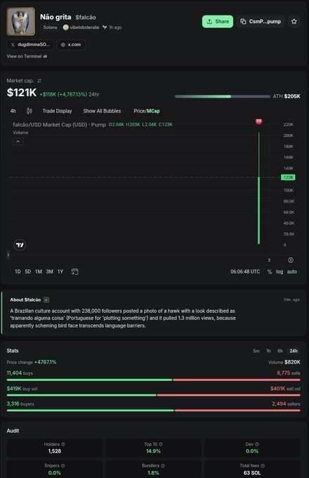 A screenshot of a meme token page for '$g...' showing a dramatic price spike to $121K with a market cap of $121K, described in Portuguese text as 'Não grita' (Don't scream).