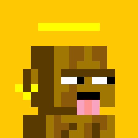 A pixel art image of a brown blocky character with a tongue sticking out, wearing a yellow halo, resembling a Shiba Inu or dog meme.