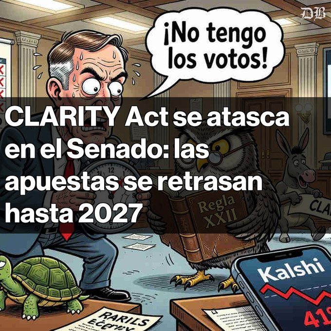 A Spanish-language satirical illustration with text "CLARITY Act se atasca en el Senado: las apuestas se retrasan hasta 2027," featuring a sweating politician saying "¡No tengo los votos!" alongside an owl reading "Regla XXII," a donkey with "CLA..." signage, a turtle, and a Kalshi prediction market chart.