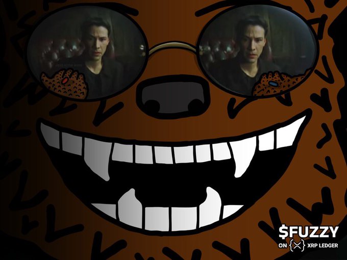 A stylized cartoon cheetah face wearing sunglasses, with reflections of a person visible in the lenses, overlaid with '$FUZZY ON XRP LEDGER' branding.