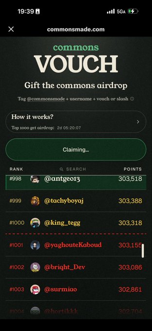 A screenshot from commonsmade.com shows a 'commons VOUCH' airdrop claiming page with a leaderboard ranked by points, displaying usernames like @antgeor3 and @tachyboyoj.