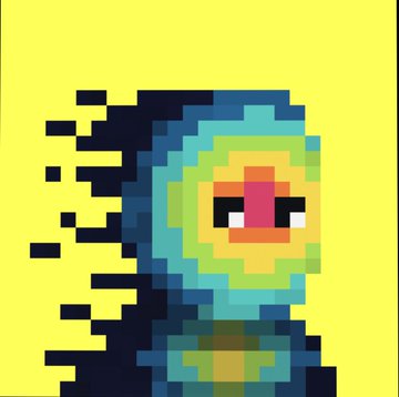 Pixel art illustration of a hooded character with a colorful, glitchy face against a bright yellow background.