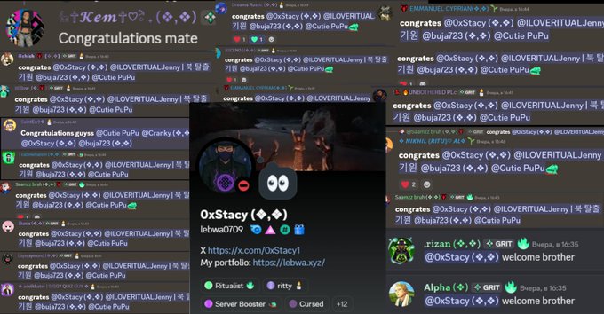 A Discord screenshot showing a server called 'O:Stacy' with multiple channels displaying 'congrats @OxStacy' messages in different languages (Korean, Spanish, Indonesian) and a profile popup for 'OxStacy' (lebwa0709) with an X (Twitter) link.