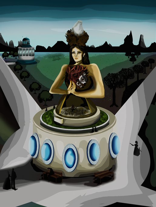 A digital artwork depicts a giant female figure with exposed internal mechanics holding a bird's nest with an egg on her head, standing behind a circular platform with blue-lit arches.