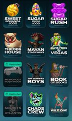 A blurred grid of digital game icons featuring titles like 'DOORS', 'ROBLOX', 'MAHJONG', 'MINECRAFT', 'TOYS', 'BRAWL', and 'STICKMAN' on a dark background.