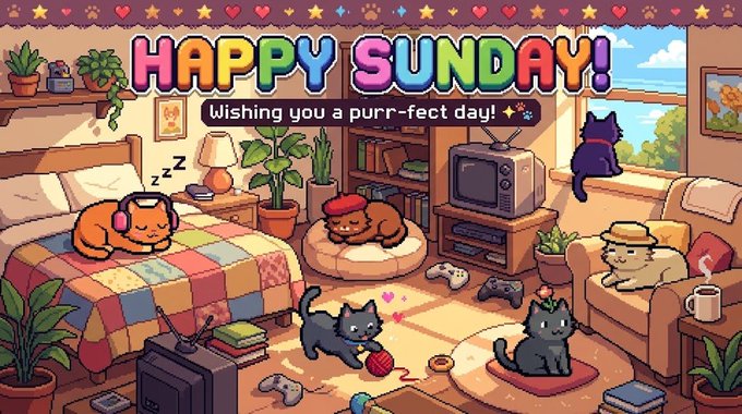A colorful pixel art graphic reads 'HAPPY SUNDAY! Wishing you a purr-fect day!' and depicts a cozy room filled with various cats playing and resting.