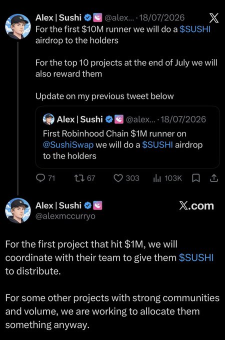 The image shows tweets from "Alex | Sushi" (@alexmccur... & @alexmccurryo) dated 18/07/2026 announcing a $SUSHI airdrop for the holders of the first project to hit $1M on Robinhood Chain via @SushiSwap, with additional rewards planned for the top 10 projects at the end of July.

This relates to the post by illustrating SushiSwap's concrete incentive strategy, showing the platform is actively putting up its own $SUSHI tokens to reward projects and holders—demonstrating real financial commitment to supporting launches on its platform compared to other launchpads.