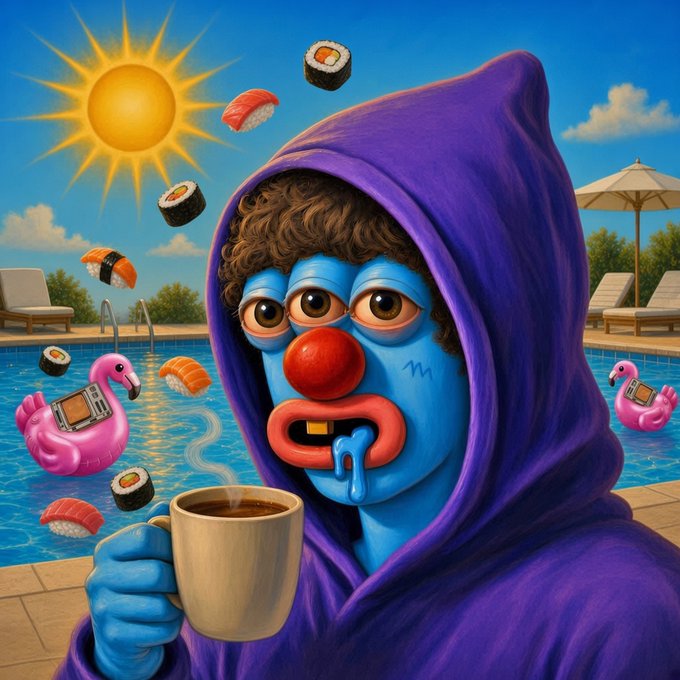 A surreal illustration of a blue-faced clown in a purple hooded robe holding a steaming mug of coffee, surrounded by floating sushi pieces and pink flamingo pool floats with computer screens by a poolside under a bright sun.