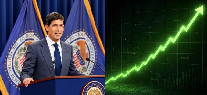 A man in a dark suit speaks at a podium flanked by two Federal Reserve seals, beside a green stock chart with an upward arrow showing rising values like 573.65 and 592.45. The image visually reinforces the post's message that strong PCE inflation data (3.4% vs. 3.7% expected) supports the Fed pausing rate hikes and signals market optimism.