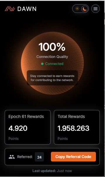 Dark-themed DAWN network status dashboard showing 100% Connection Quality (Connected), Epoch 61 Rewards of 4.920 Points, Total Rewards of 1.958.263 Points, 24 referrals, and an orange 'Copy Referral Code' button.
