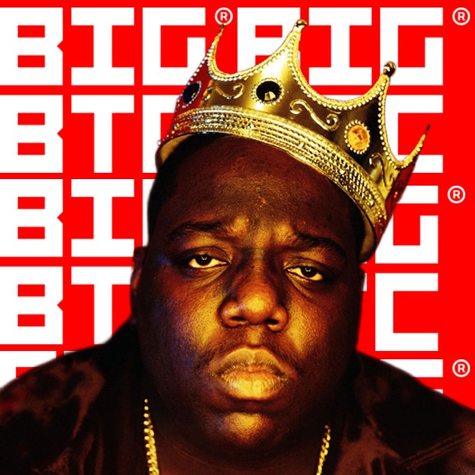 The album cover for 'BIGGIE' featuring the late rapper The Notorious B.I.G. wearing a gold crown against a red and white 'BIGGIE' text background.