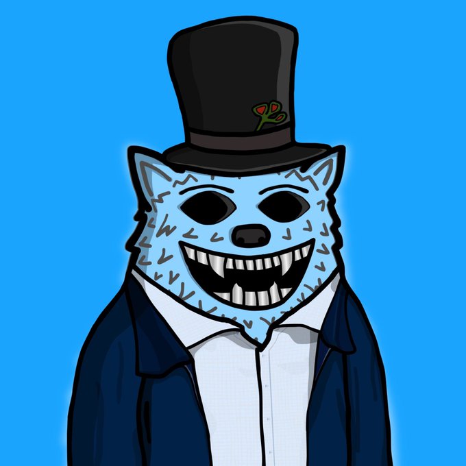 An illustrated cartoon of a snarling blue wolf-like character wearing a black top hat adorned with a red rose and a dark blue coat.