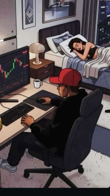 An illustrated scene shows a man in a red cap sitting at a computer trading stocks while a woman sleeps in the bed behind him.