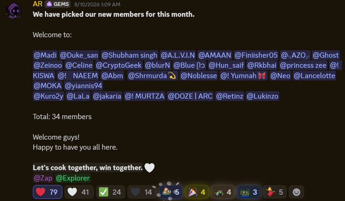 A Discord message from 'AR GEMS' announcing 34 new members welcomed to the server, listing usernames like @Mad! and @Duke_san, with reaction emojis at the bottom.
