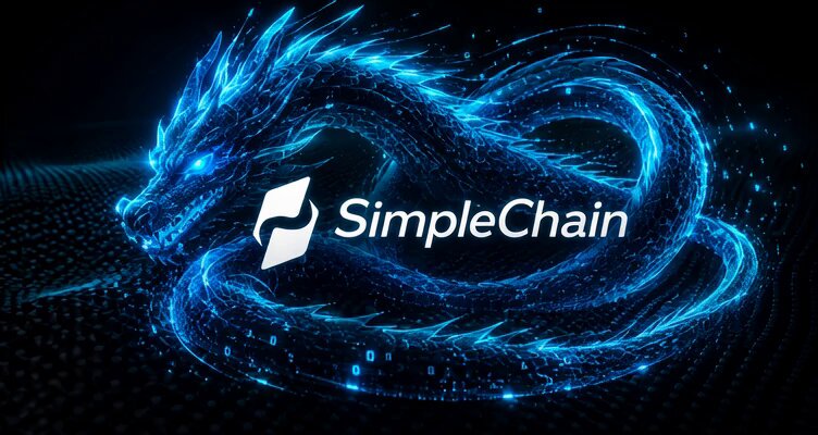 The image features a logo with a dragon-like shape that appears to be made out of blue neon lights against a black background. The text "SimpleChain" is written below the logo, indicating the company's name or project title. The image also includes a caption that reads "Focus on what is in the image and how it relates to the post".