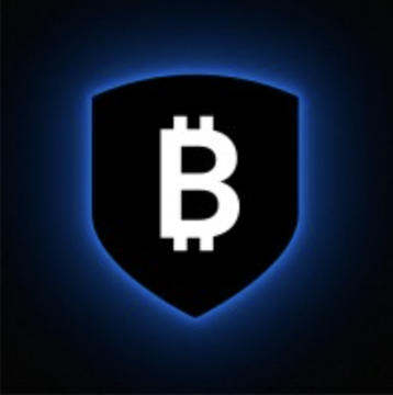 A dark shield icon with a glowing blue outline displays the white Bitcoin "₿" symbol at its center, visually representing the secure crypto wallet holding the 100 BTC used in BitGo CEO Mike Belshe's public security test of Anthropic's Claude AI.