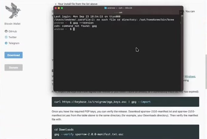 A computer terminal error shows “no such file or directory: /opt/homebrew/bin/brew” and “command not found: gpg,” over a webpage containing PGP installation commands.