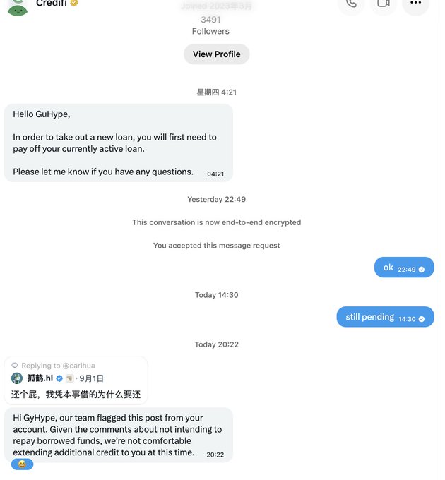 A screenshot of a Twitter DM conversation with the "Credit" account shows a representative informing "GuHype" that they must pay off their existing loan before taking out a new one, followed by a message flagging a post and refusing additional credit extension. The exchange illustrates the user's frustration about being denied a second loan despite earlier attempts to borrow more when the lending pool became available.
