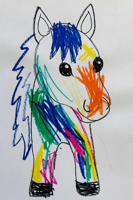 A child's colorful crayon/oil pastel drawing of a horse or unicorn with a blue mane and multicolored body stripes in blue, green, yellow, orange, and pink.
