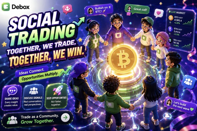 A promotional graphic with the text 'Debox SOCIAL TRADING TOGETHER, WE TRADE, TOGETHER, WE WIN' showing cartoon characters around a large Bitcoin symbol.