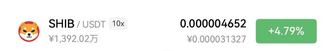 A cryptocurrency price ticker displays SHIB/USDT trading at approximately 0.000004652 USDT with a +4.79% gain.