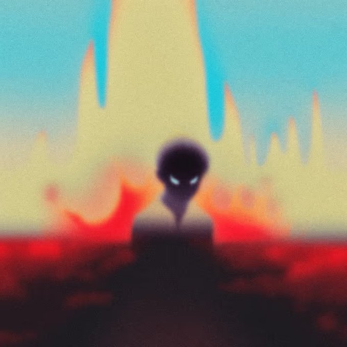A dark silhouetted figure with glowing white eyes against a surreal landscape of red and orange clouds with tall flame-like shapes rising into a teal sky.