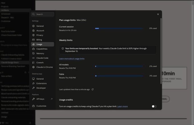 A screenshot of Claude AI's settings panel showing 'Usage' limits, including a 50% weekly Claude Code boost notification valid through September 13 and usage credits options.