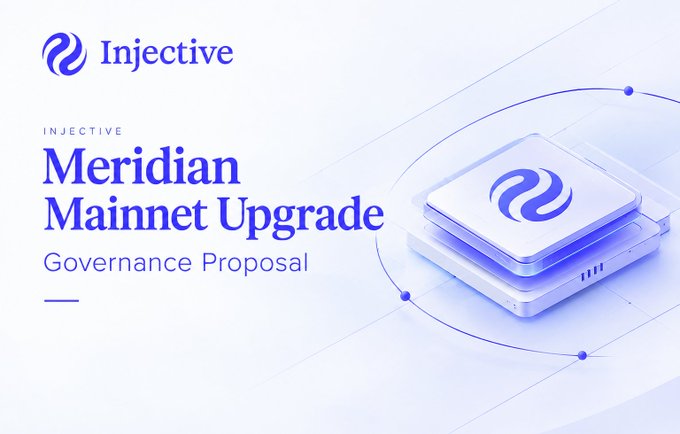 A promotional graphic for the 'Injective Meridian Mainnet Upgrade Governance Proposal' featuring a 3D rendered cube with the Injective logo.