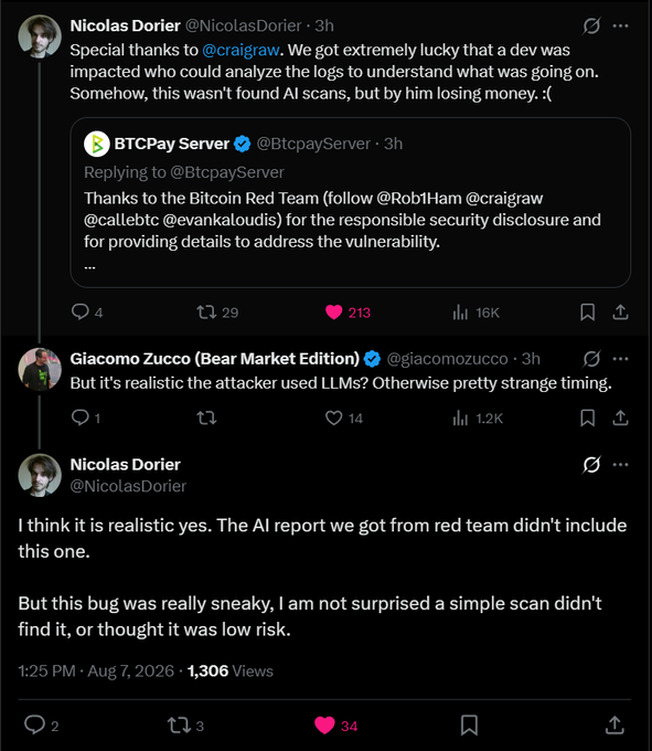 Screenshot of a Twitter thread where Nicolas Dorier (@NicolasDorier) discusses a sneaky bug found by @craigraw that impacted a dev, with replies from Giacomo Zucco speculating that the attacker may have used LLMs since AI scans didn't detect it.