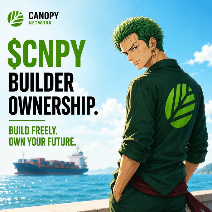 An anime-style character with green hair wearing a dark jacket featuring the Canopy Network leaf logo gazes over a harbor with a cargo ship, while bold text reads "CANOPY NETWORK," "$CNPY," "BUILDER OWNERSHIP," and "BUILD FREELY. OWN YOUR FUTURE." The image aligns with the post's theme by visually emphasizing Canopy's focus on simplifying blockchain/appchain development and empowering builders to "own their future" without added complexity.