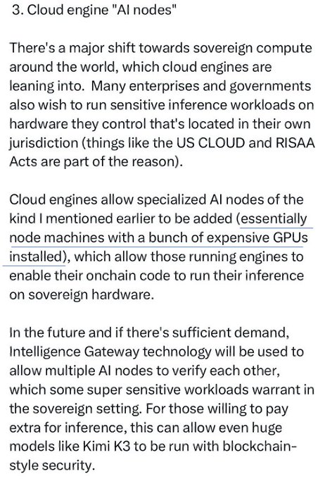 A screenshot of a section titled "Cloud engine 'AI nodes'" discussing how cloud engines are incorporating specialized GPU nodes to enable onchain AI inference on sovereign hardware, potentially allowing cross-node verification for models like Kimi K3.