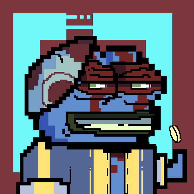 The image features a cartoon character, likely a frog or a bird, wearing a blue jacket with yellow stripes. The character has a red hat and sunglasses, giving them a unique appearance. They are holding a coin in their hand.